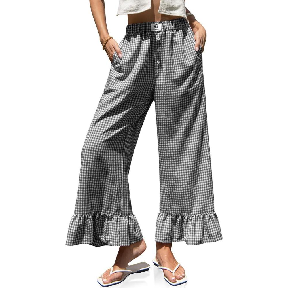 image:imageTARSE Womens Plaid Wide Leg Pants Flared Leg Baggy Drawstring Ruffle Palazzo Pants with PocketsDark Gray White Plaid