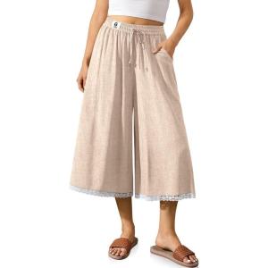 TARSE Women’s Linen Culottes Wide Leg Flowy Capri Pants Palazzo Casual Drawstring Summer Loose Lace Capris with Pockets(Heather Light Khaki)