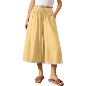 TARSE Women’s Linen Culottes Wide Leg Flowy Capri Pants Palazzo Casual Drawstring Summer Loose Lace Capris with Pockets(Rust Yellow)