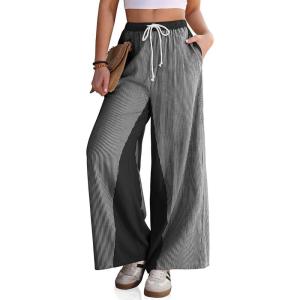 TARSE Women’s Linen Wide Leg Pants Striped Drawstring Elastic Waist Loose Fit Summer Boho Casual Trendy Pants with Pockets(Black)