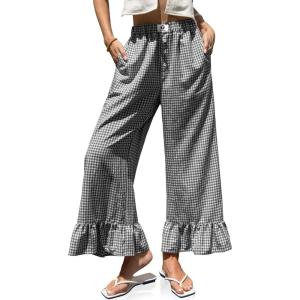 TARSE Women’s Plaid Wide Leg Pants Flared Leg Baggy Drawstring Ruffle Palazzo Pants with Pockets(Dark Gray White Plaid)