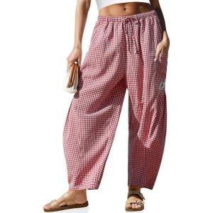 TARSE Womens Linen Wide Leg Striped Pants Casual Barrel Loose Drawstring Low Waist Palazzo Harem Pants with Pockets(Red White Plaid)