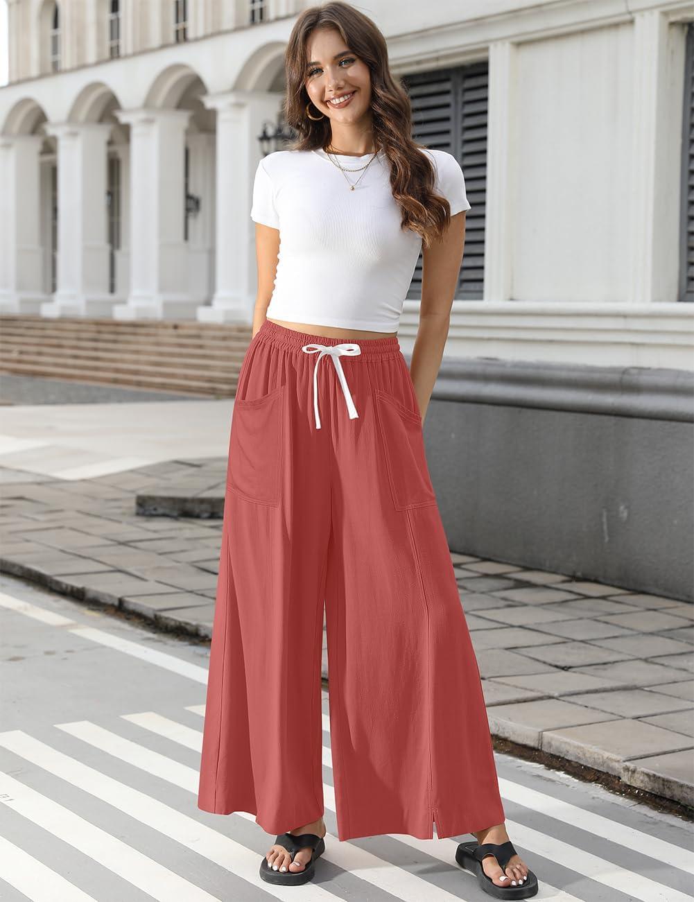 image:imageTARSE Women Linen Wide Leg Pants Casual Loose Baggy Palazzo Drawstring Summer Vacation Beach Travel Comfy Lounge PantsRust Red