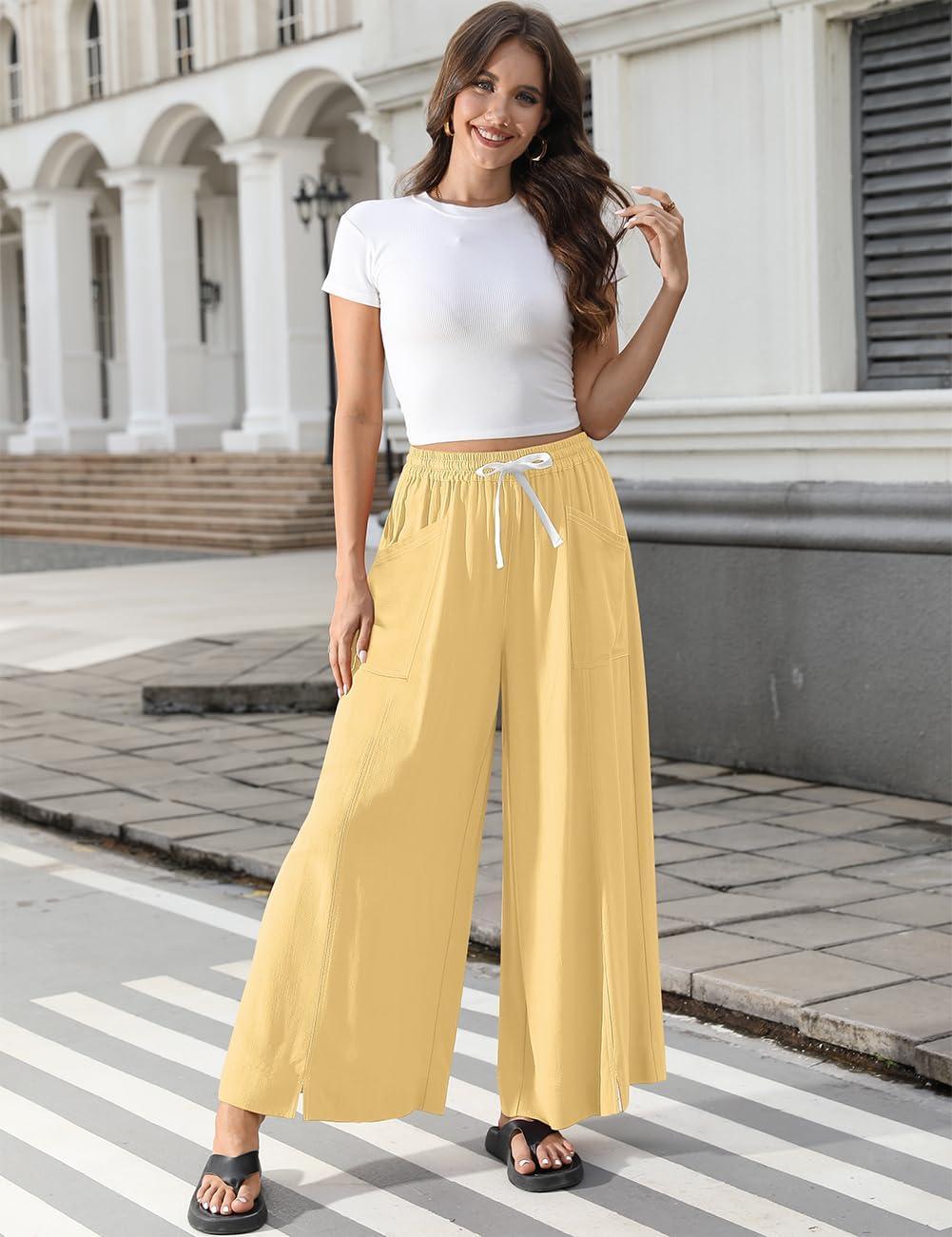 image:imageTARSE Women Linen Wide Leg Pants Casual Loose Baggy Palazzo Drawstring Summer Vacation Beach Travel Comfy Lounge PantsRust Yellow