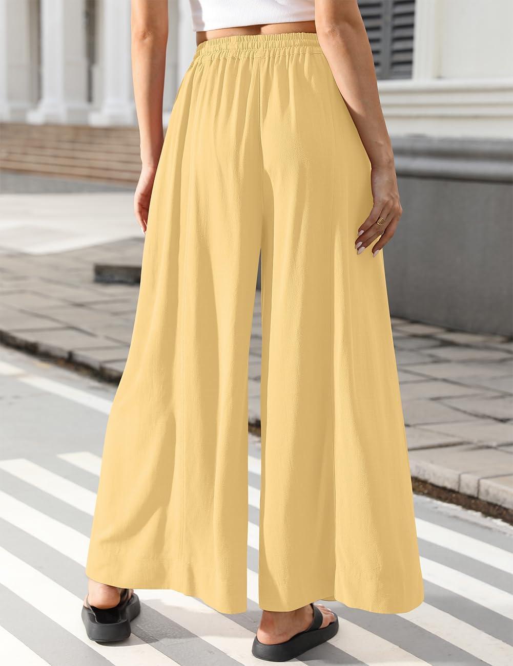 image:imageTARSE Women Linen Wide Leg Pants Casual Loose Baggy Palazzo Drawstring Summer Vacation Beach Travel Comfy Lounge PantsRust Yellow