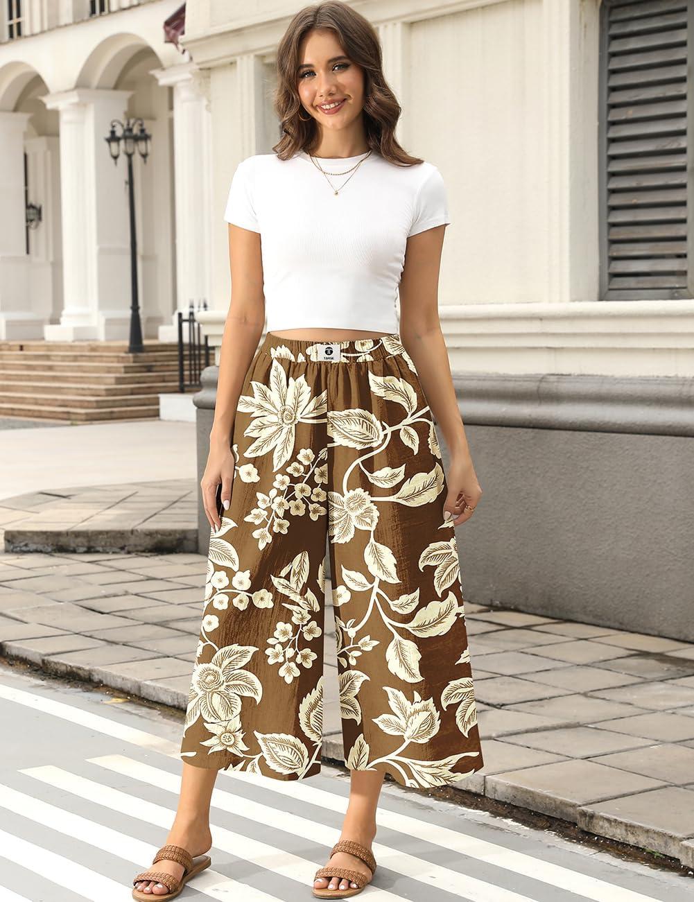 image:imageTARSE Womens Wide Leg Linen Capri Pants Summer Elastic Waist Palazzo Trousers Bottoms with PocketsFlower Leave Brown