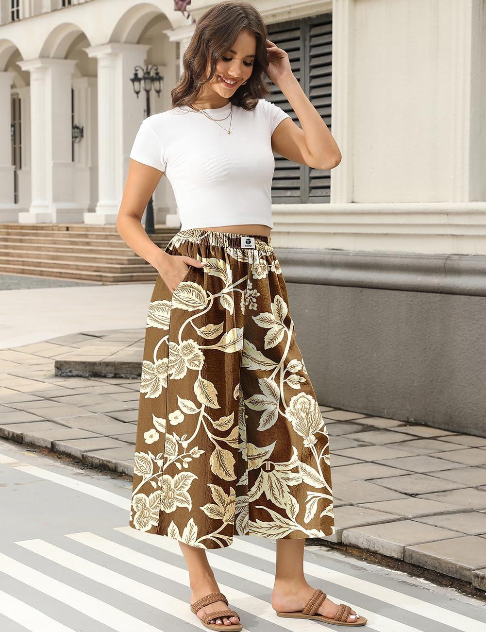 image:imageTARSE Womens Wide Leg Linen Capri Pants Summer Elastic Waist Palazzo Trousers Bottoms with PocketsFlower Leave Brown