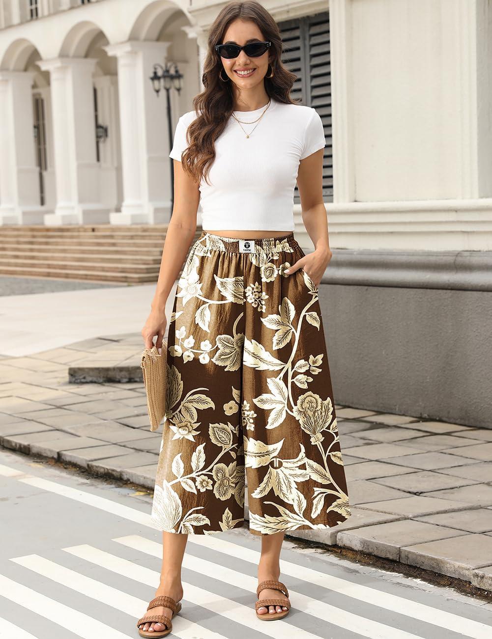 image:imageTARSE Womens Wide Leg Linen Capri Pants Summer Elastic Waist Palazzo Trousers Bottoms with PocketsFlower Leave Brown