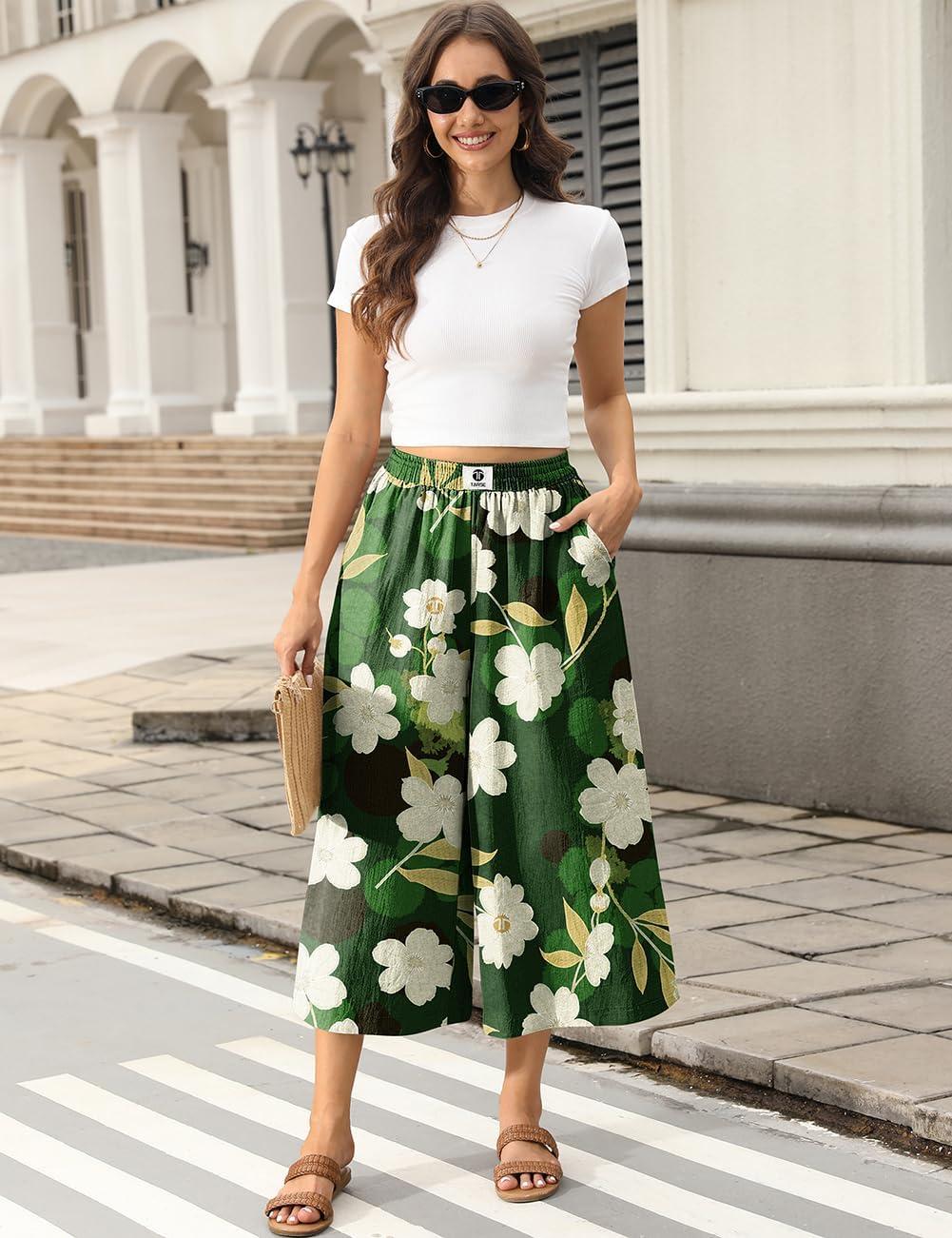 image:imageTARSE Womens Wide Leg Linen Capri Pants Summer Elastic Waist Palazzo Trousers Bottoms with PocketsGreen Floral