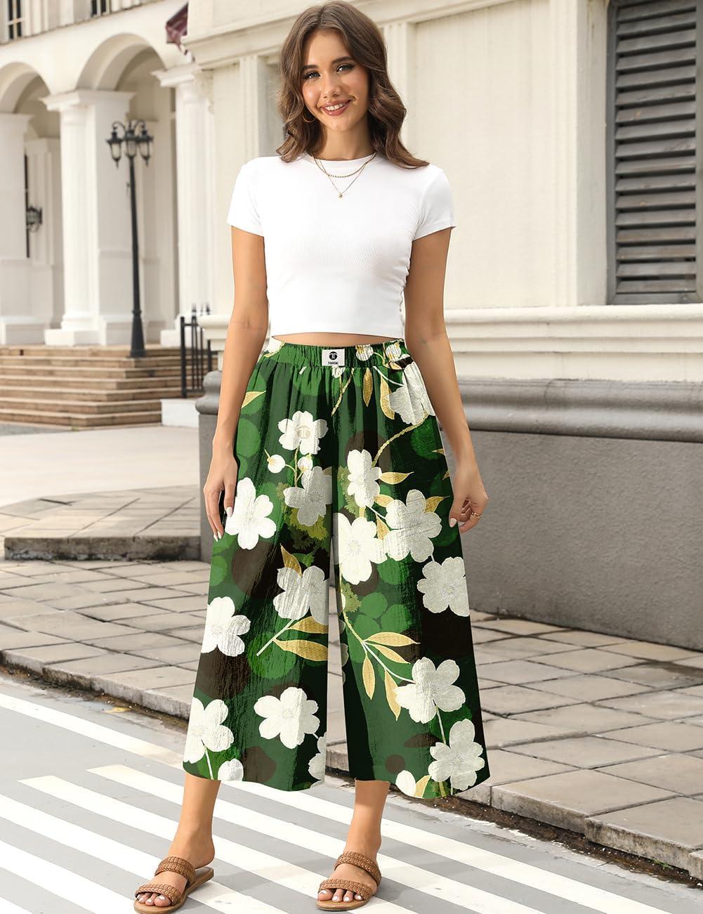 image:imageTARSE Womens Wide Leg Linen Capri Pants Summer Elastic Waist Palazzo Trousers Bottoms with PocketsGreen Floral