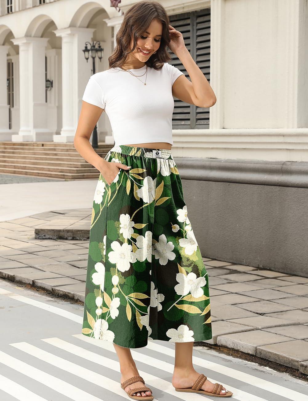 image:imageTARSE Womens Wide Leg Linen Capri Pants Summer Elastic Waist Palazzo Trousers Bottoms with PocketsGreen Floral