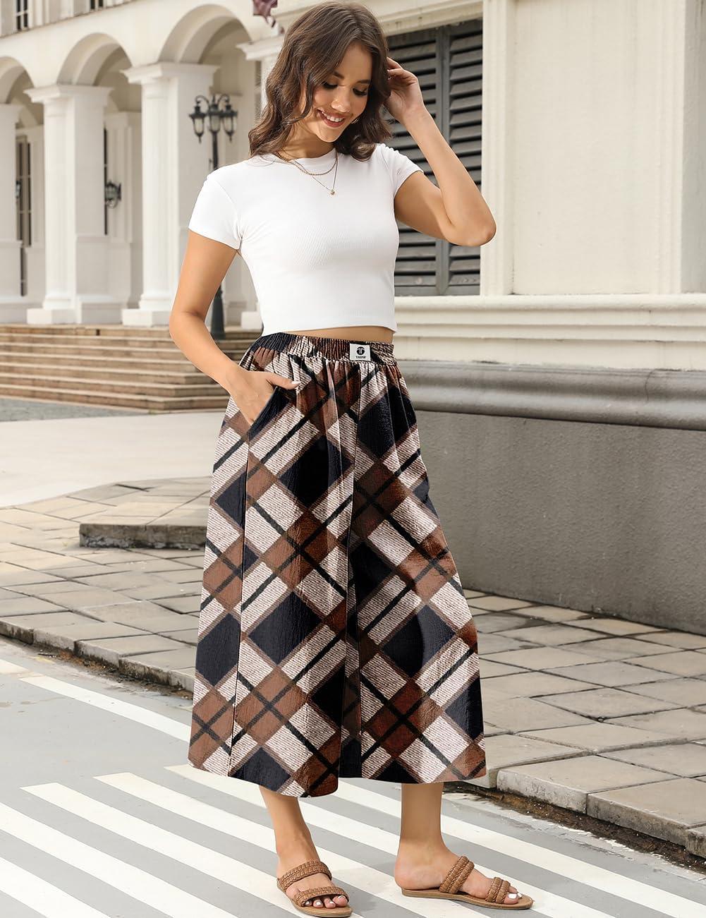 image:imageTARSE Womens Wide Leg Linen Capri Pants Summer Elastic Waist Palazzo Trousers Bottoms with PocketsHtwill Flange Black Coffee