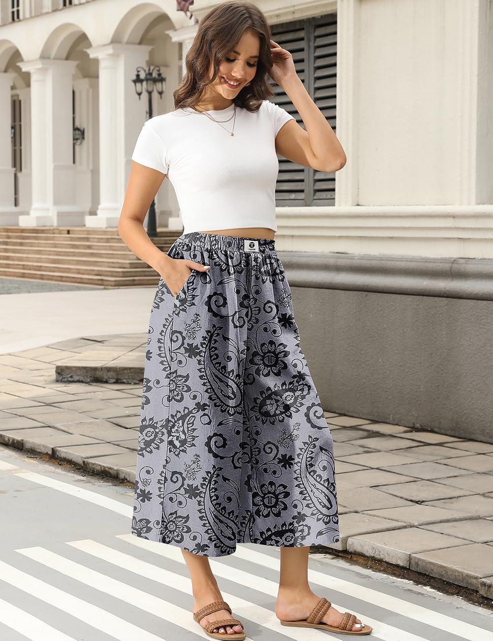 image:imageTARSE Womens Wide Leg Linen Capri Pants Summer Elastic Waist Palazzo Trousers Bottoms with PocketsPaisley Gray