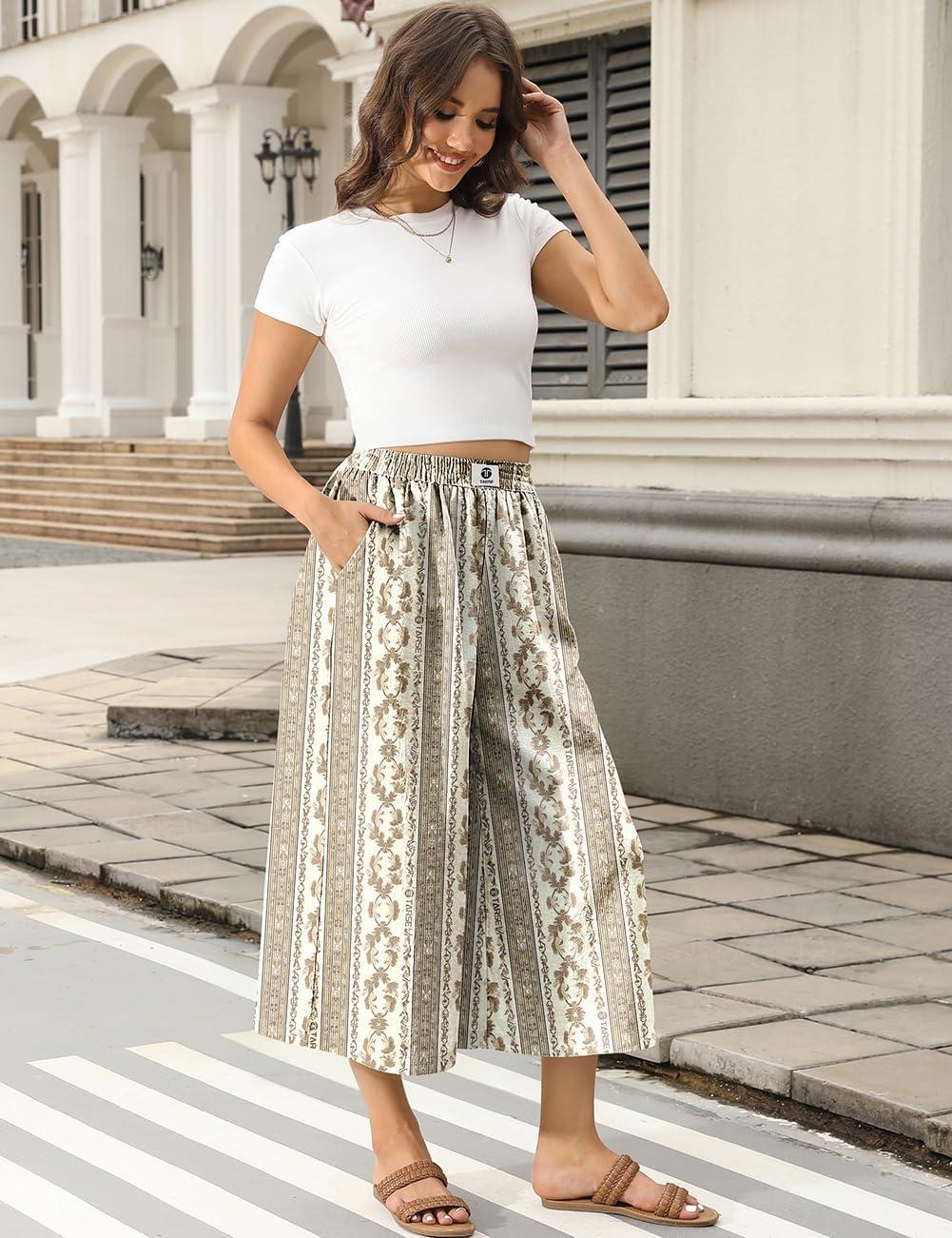 image:imageTARSE Womens Wide Leg Linen Capri Pants Summer Elastic Waist Palazzo Trousers Bottoms with PocketsStripe Khaki
