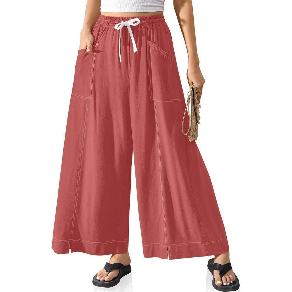 image:imageTARSE Women Linen Wide Leg Pants Casual Loose Baggy Palazzo Drawstring Summer Vacation Beach Travel Comfy Lounge PantsRust Red
