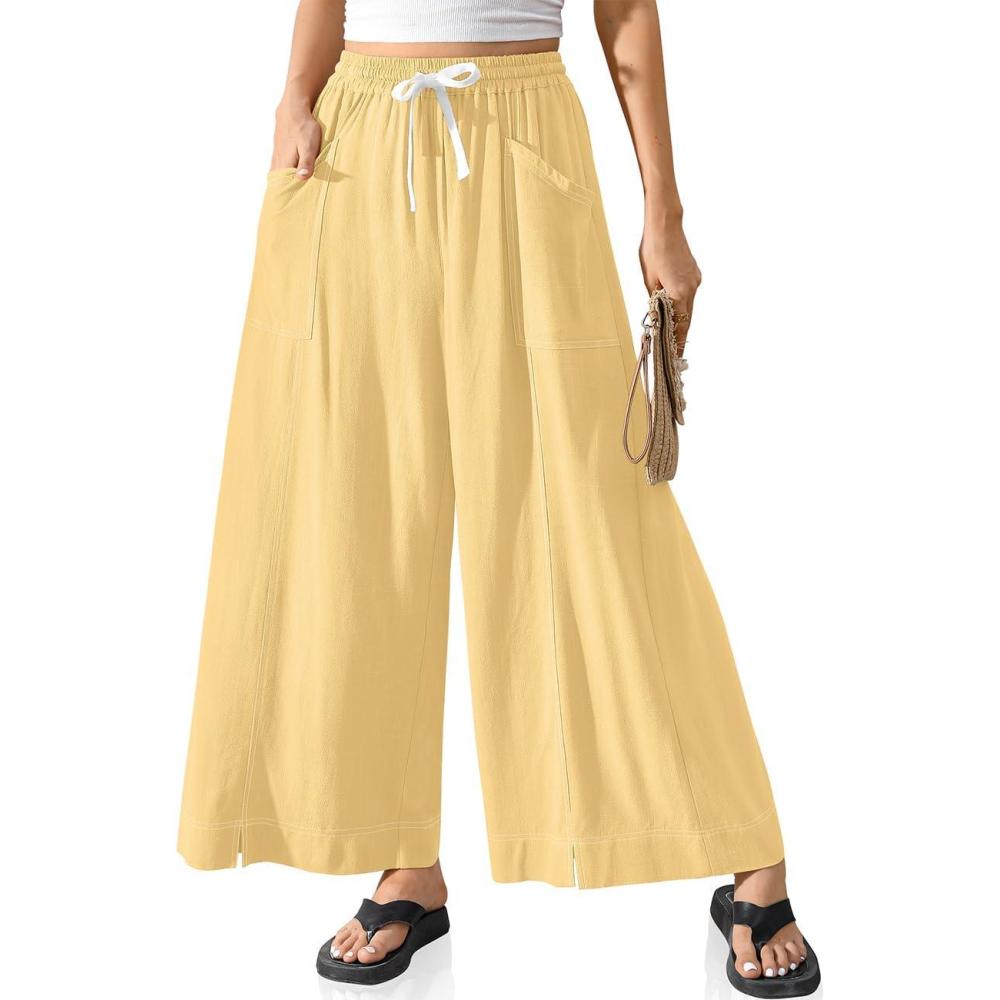 image:imageTARSE Women Linen Wide Leg Pants Casual Loose Baggy Palazzo Drawstring Summer Vacation Beach Travel Comfy Lounge PantsRust Yellow