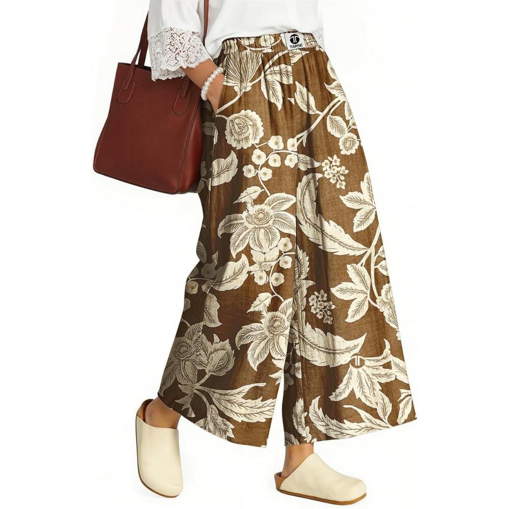 image:imageTARSE Womens Wide Leg Linen Capri Pants Summer Elastic Waist Palazzo Trousers Bottoms with PocketsFlower Leave Brown