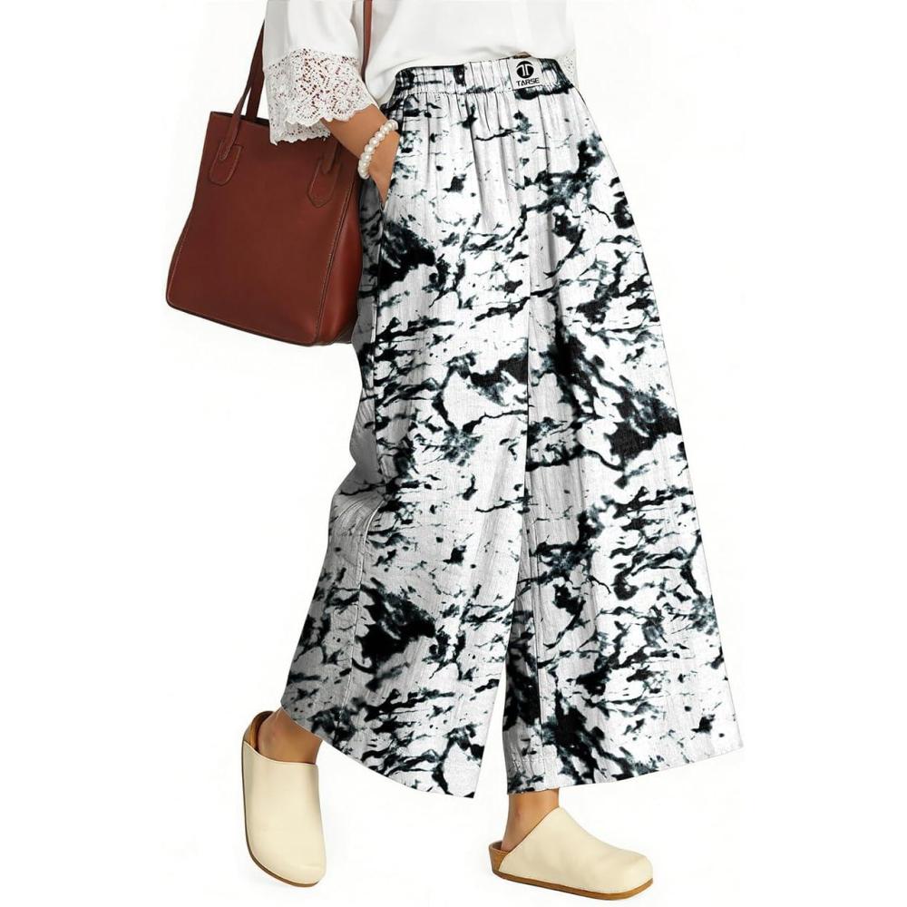 image:imageTARSE Womens Wide Leg Linen Capri Pants Summer Elastic Waist Palazzo Trousers Bottoms with PocketsMarble White