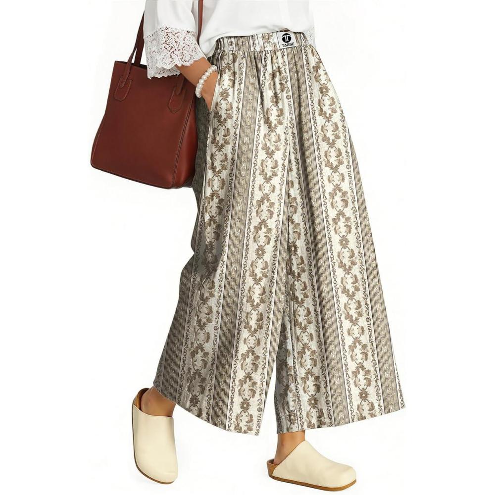 image:imageTARSE Womens Wide Leg Linen Capri Pants Summer Elastic Waist Palazzo Trousers Bottoms with PocketsStripe Khaki