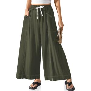 TARSE Women Linen Wide Leg Pants Casual Loose Baggy Palazzo Drawstring Summer Vacation Beach Travel Comfy Lounge Pants(Army Green)