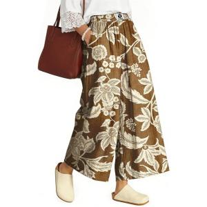 TARSE Womens Wide Leg Linen Capri Pants Summer Elastic Waist Palazzo Trousers Bottoms with Pockets(Flower Leave Brown)