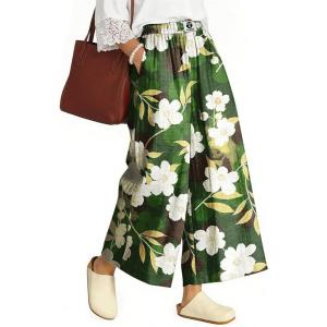 TARSE Womens Wide Leg Linen Capri Pants Summer Elastic Waist Palazzo Trousers Bottoms with Pockets(Green Floral)