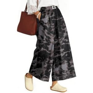 TARSE Womens Wide Leg Linen Capri Pants Summer Elastic Waist Palazzo Trousers Bottoms with Pockets(Marble Coffee)
