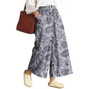 TARSE Womens Wide Leg Linen Capri Pants Summer Elastic Waist Palazzo Trousers Bottoms with Pockets(Paisley Gray)