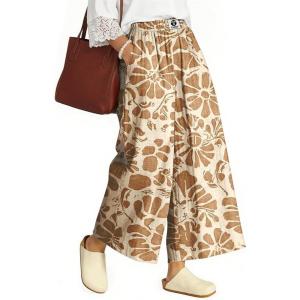 TARSE Womens Wide Leg Linen Capri Pants Summer Elastic Waist Palazzo Trousers Bottoms with Pockets(Sun Flower Brown)