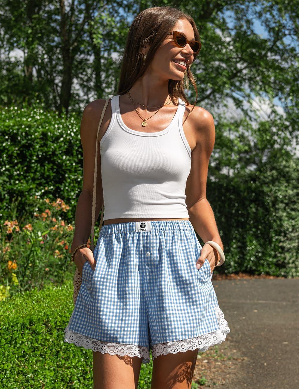 image:imageTARSE Gingham Shorts for Women Boxer Lace Trim Sleep Pajama Lounge Shorts Summer Casual Home Wear BottomsBlue White Plaid