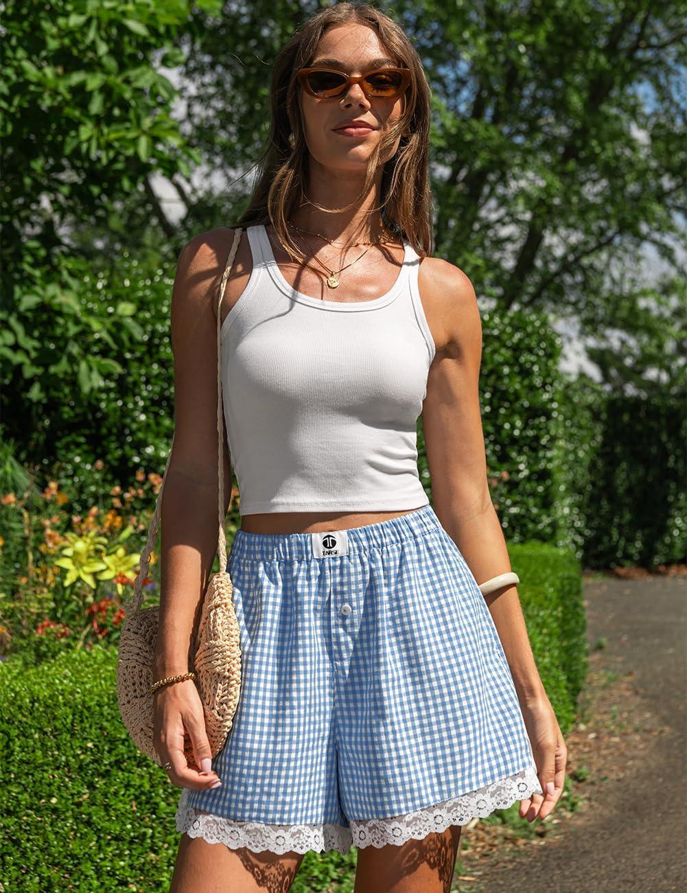 image:imageTARSE Gingham Shorts for Women Boxer Lace Trim Sleep Pajama Lounge Shorts Summer Casual Home Wear BottomsBlue White Plaid