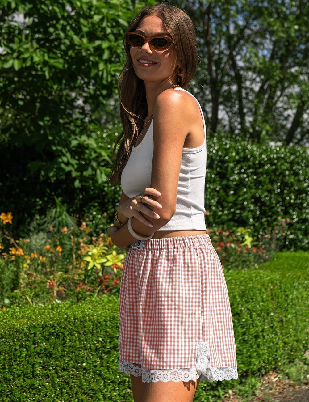 image:imageTARSE Gingham Shorts for Women Boxer Lace Trim Sleep Pajama Lounge Shorts Summer Casual Home Wear BottomsOrange White Plaid
