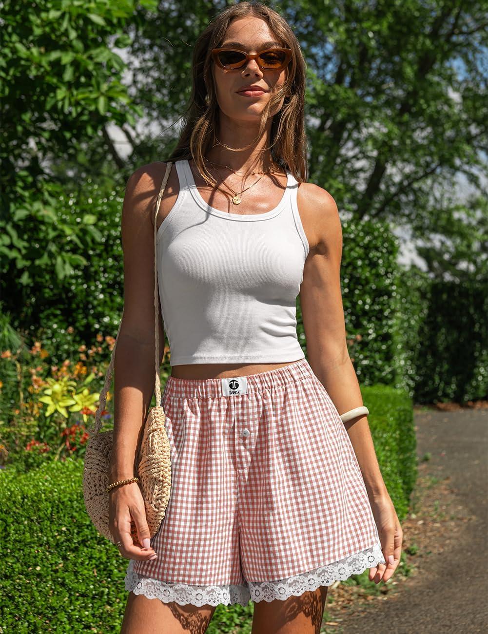 image:imageTARSE Gingham Shorts for Women Boxer Lace Trim Sleep Pajama Lounge Shorts Summer Casual Home Wear BottomsOrange White Plaid