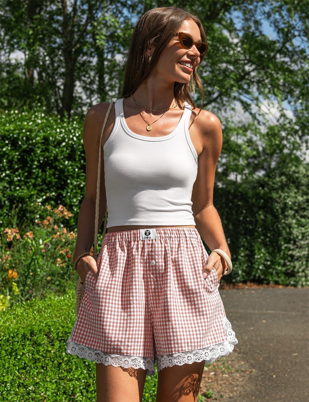 image:imageTARSE Gingham Shorts for Women Boxer Lace Trim Sleep Pajama Lounge Shorts Summer Casual Home Wear BottomsOrange White Plaid