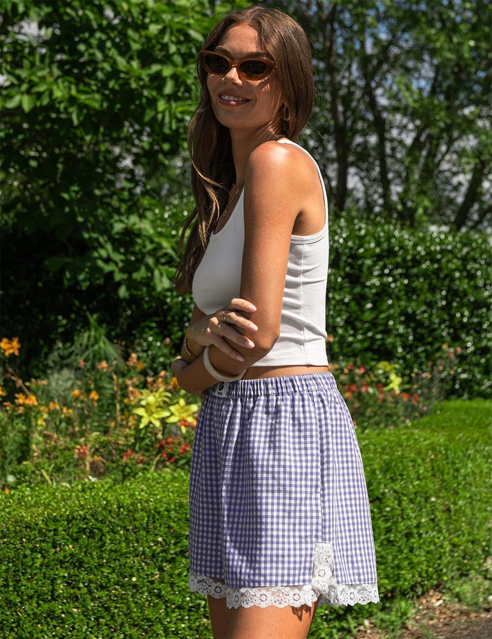 image:imageTARSE Gingham Shorts for Women Boxer Lace Trim Sleep Pajama Lounge Shorts Summer Casual Home Wear BottomsPurple White Plaid