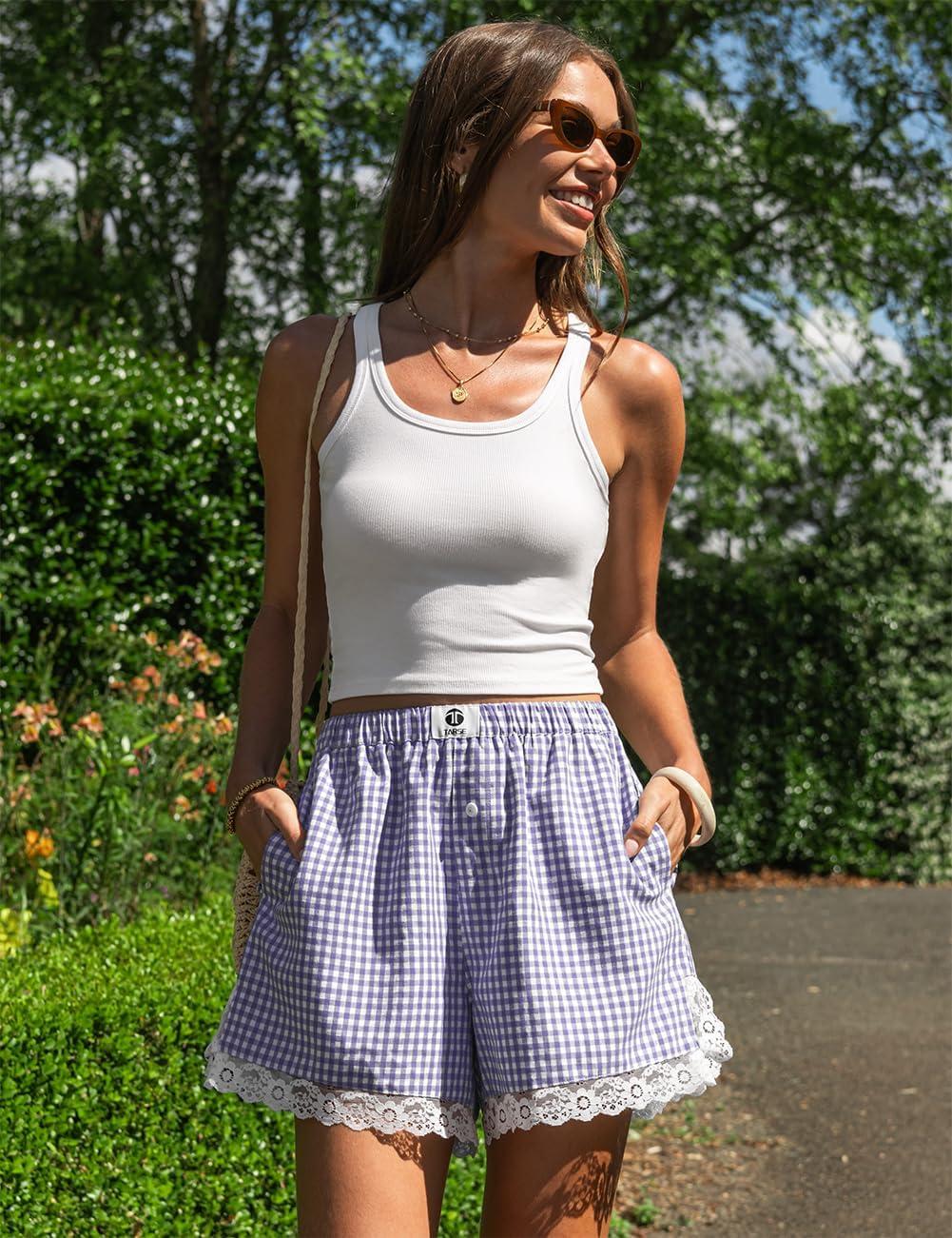 image:imageTARSE Gingham Shorts for Women Boxer Lace Trim Sleep Pajama Lounge Shorts Summer Casual Home Wear BottomsPurple White Plaid
