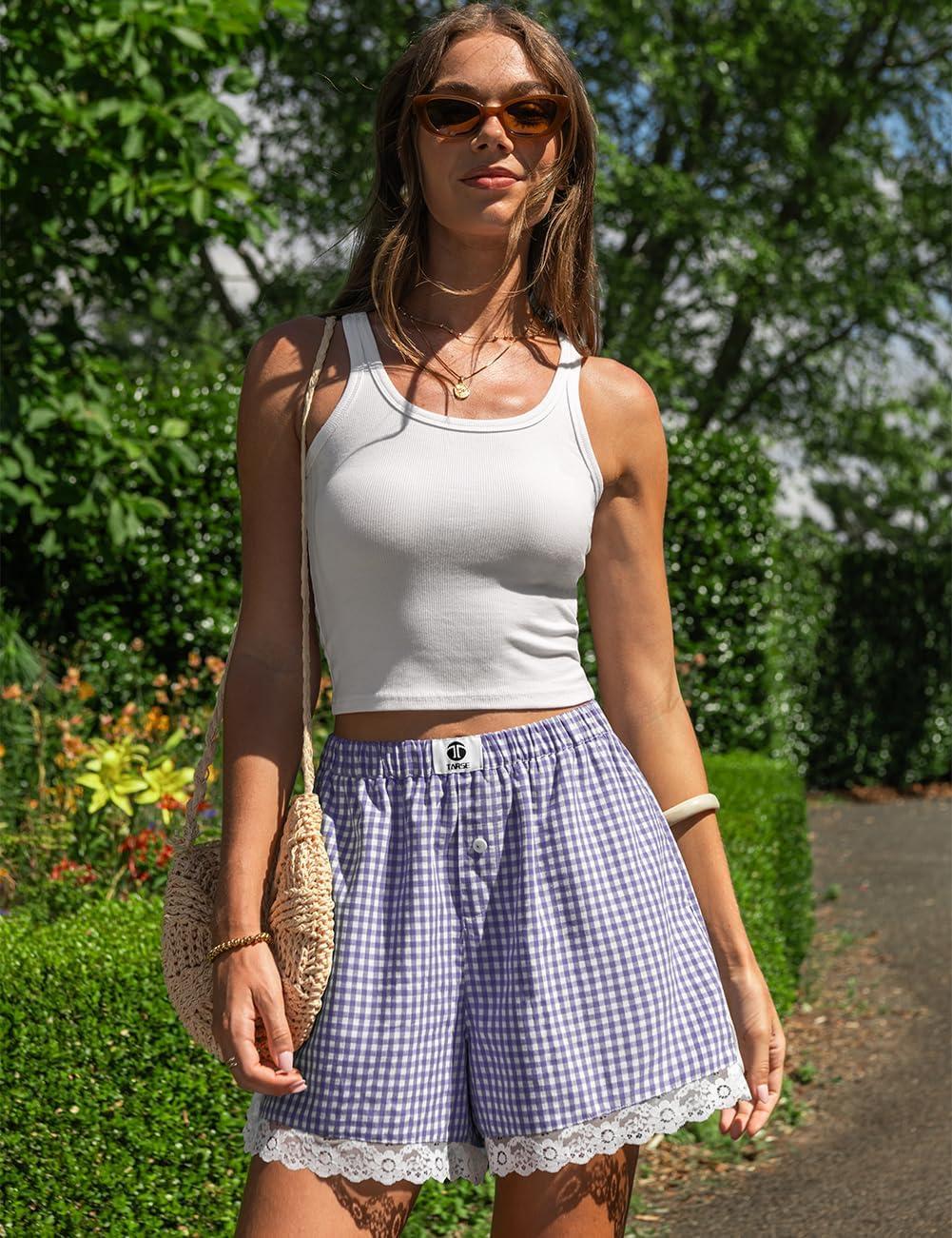 image:imageTARSE Gingham Shorts for Women Boxer Lace Trim Sleep Pajama Lounge Shorts Summer Casual Home Wear BottomsPurple White Plaid