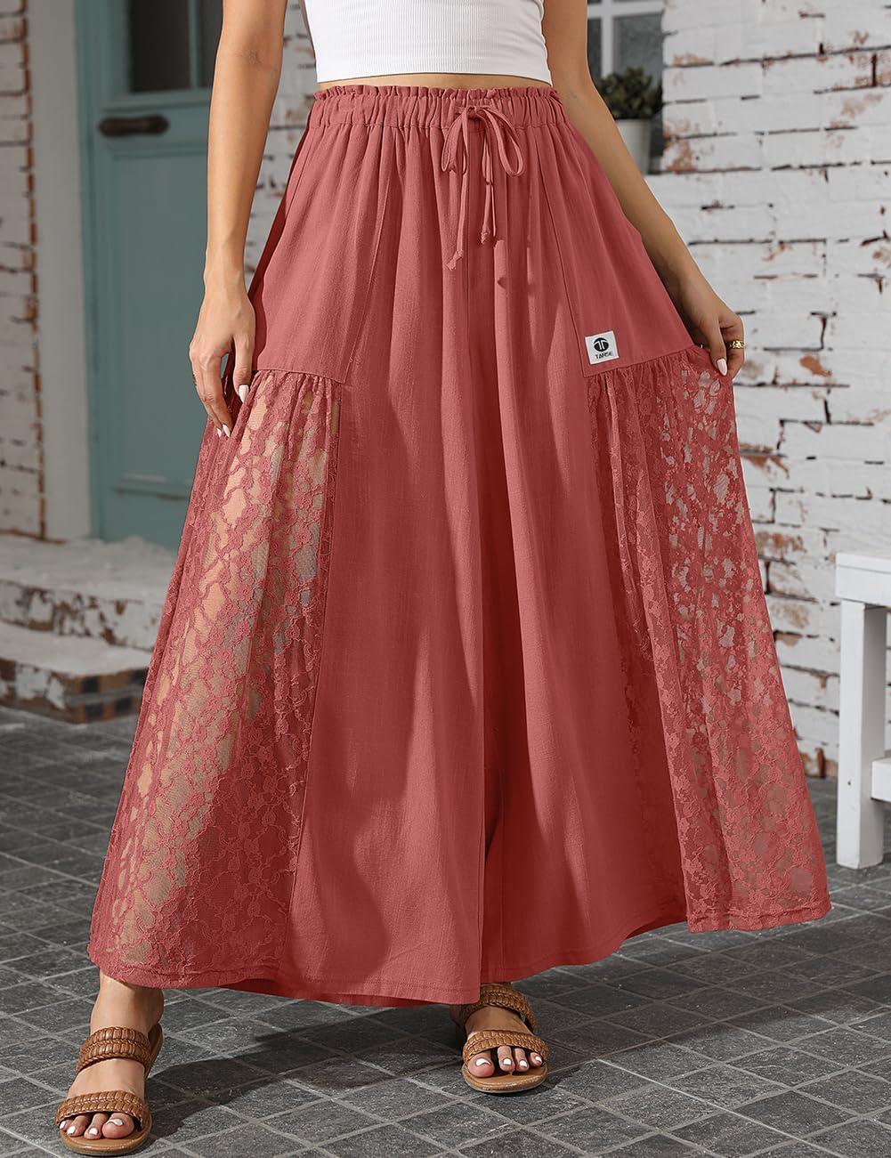 image:imageTARSE Women Linen Wide Leg Pants Lace Patchwork Boho Loose Elastic Waist Palazzo Pants Summer Beach Trousers with PocketsRust Red