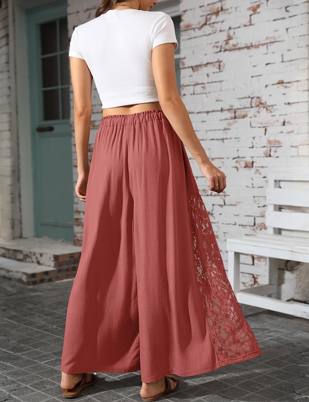 image:imageTARSE Women Linen Wide Leg Pants Lace Patchwork Boho Loose Elastic Waist Palazzo Pants Summer Beach Trousers with PocketsRust Red