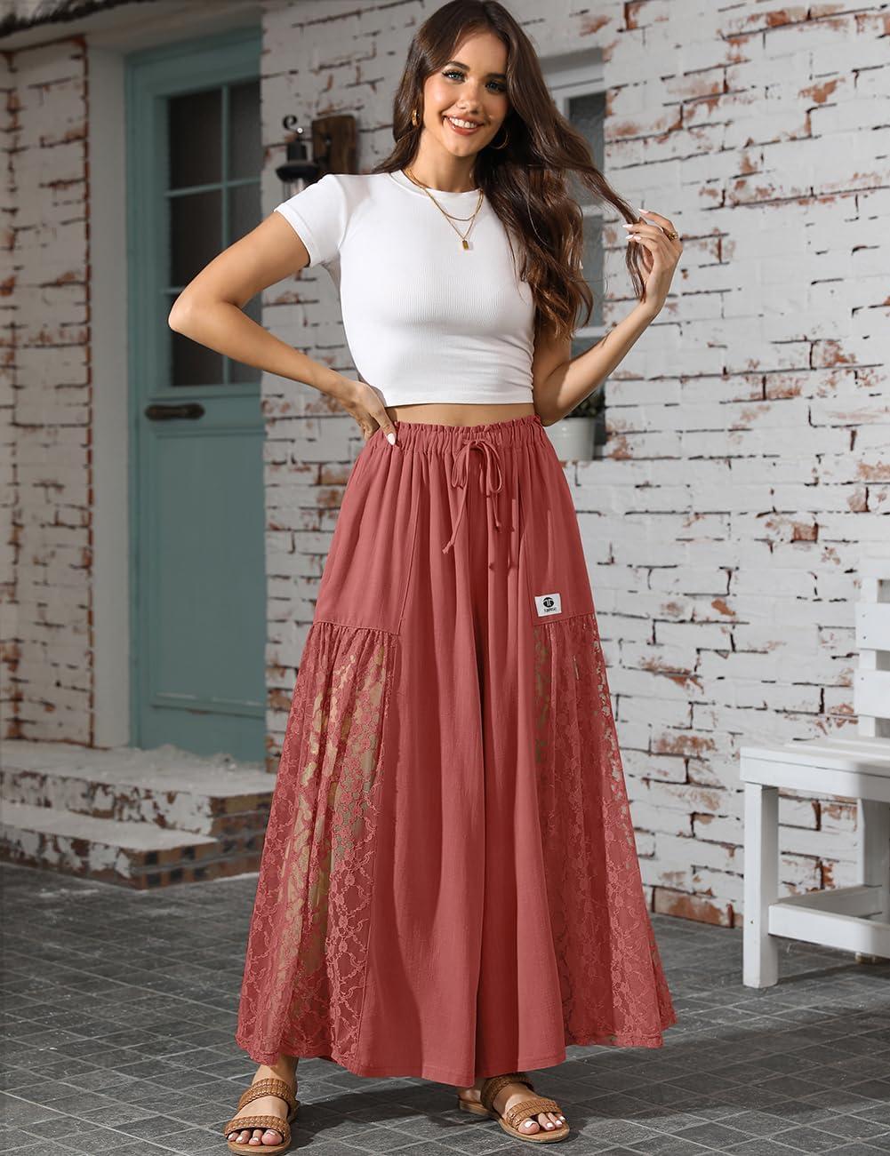 image:imageTARSE Women Linen Wide Leg Pants Lace Patchwork Boho Loose Elastic Waist Palazzo Pants Summer Beach Trousers with PocketsRust Red