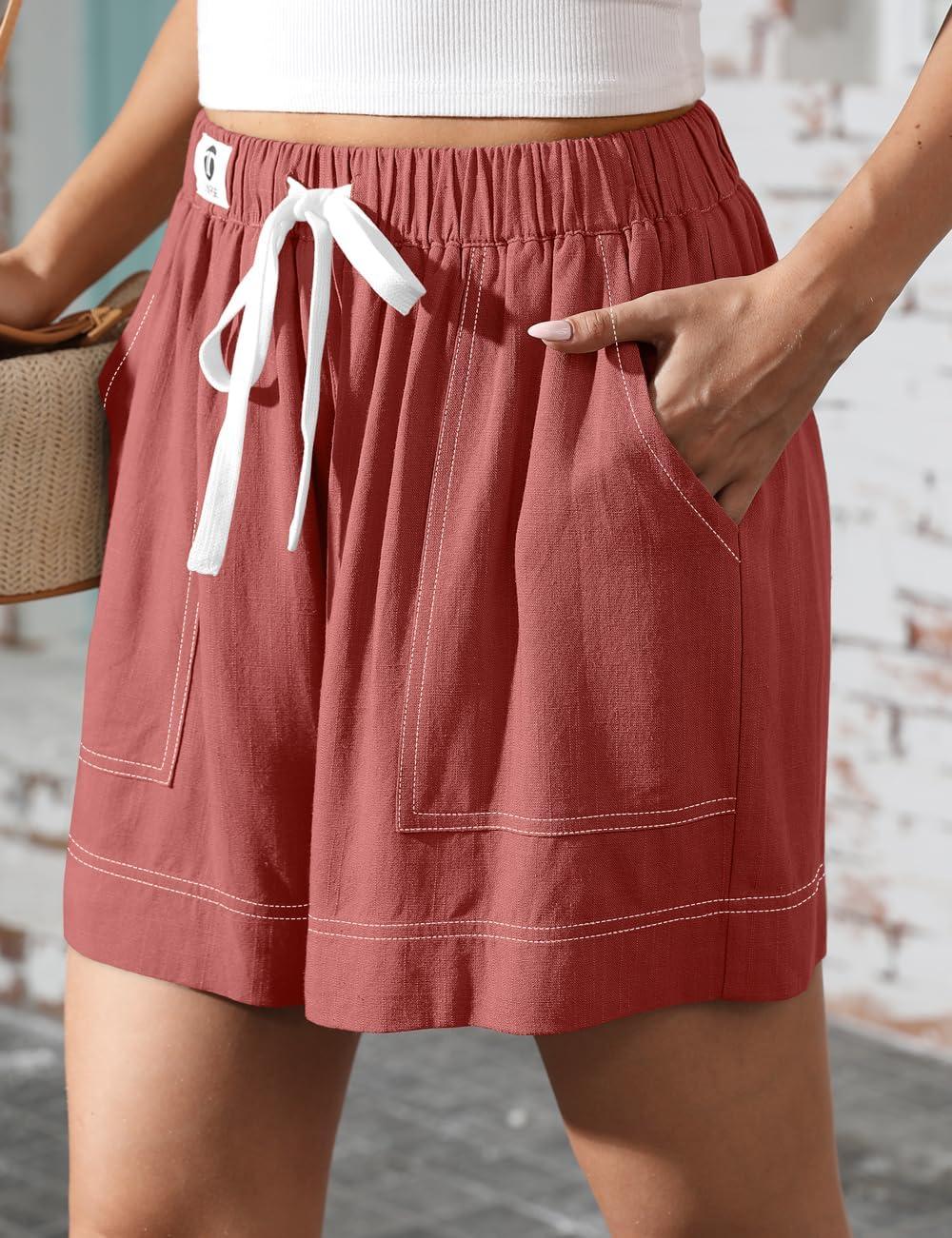 image:imageTARSE Womens Linen Casual Shorts Summer Drawstring High Waisted Wide Leg with Pockets Loose 2026 Cute Vacation OutfitRust Red