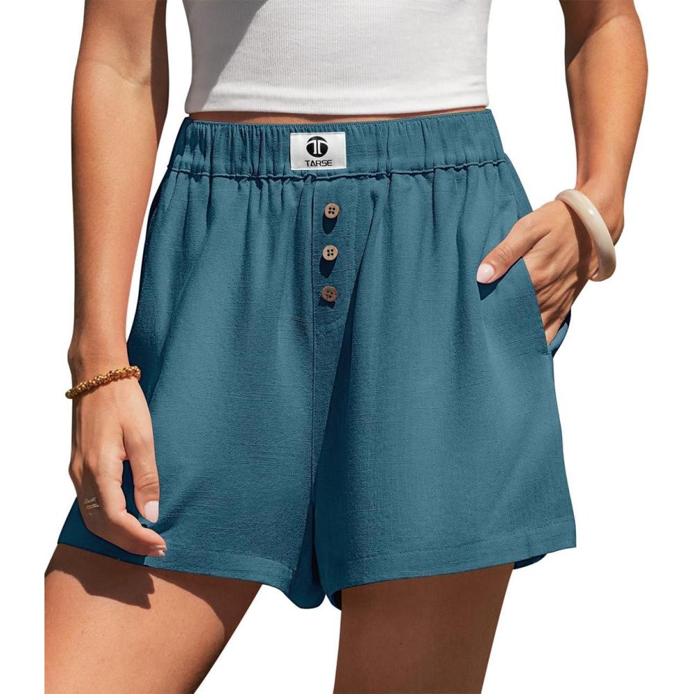 image:imageTARSE Boxer Shorts for Women Linen Pajama Summer Casual Lounge Sleep Shorts Y2K Beach BottomsLake Blue