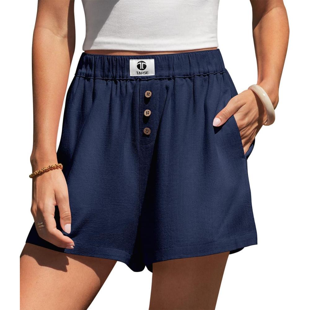 image:imageTARSE Boxer Shorts for Women Linen Pajama Summer Casual Lounge Sleep Shorts Y2K Beach BottomsNavy