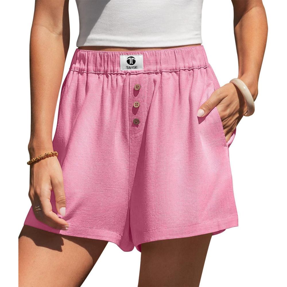 image:imageTARSE Boxer Shorts for Women Linen Pajama Summer Casual Lounge Sleep Shorts Y2K Beach BottomsRose