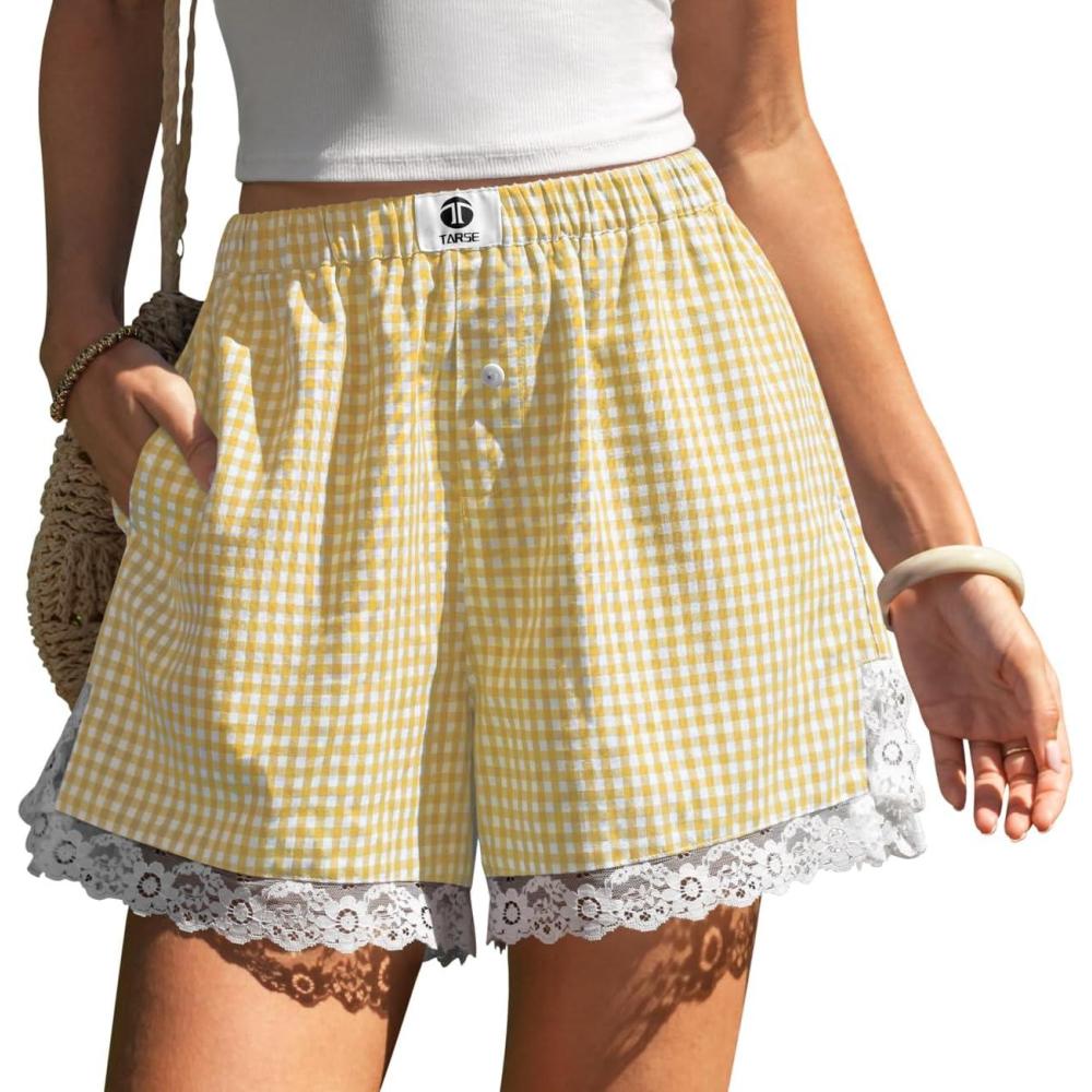 image:imageTARSE Gingham Shorts for Women Boxer Lace Trim Sleep Pajama Lounge Shorts Summer Casual Home Wear BottomsYellow White Plaid