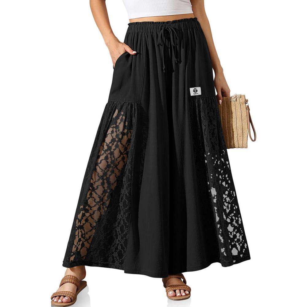 image:imageTARSE Women Linen Wide Leg Pants Lace Patchwork Boho Loose Elastic Waist Palazzo Pants Summer Beach Trousers with PocketsBlack