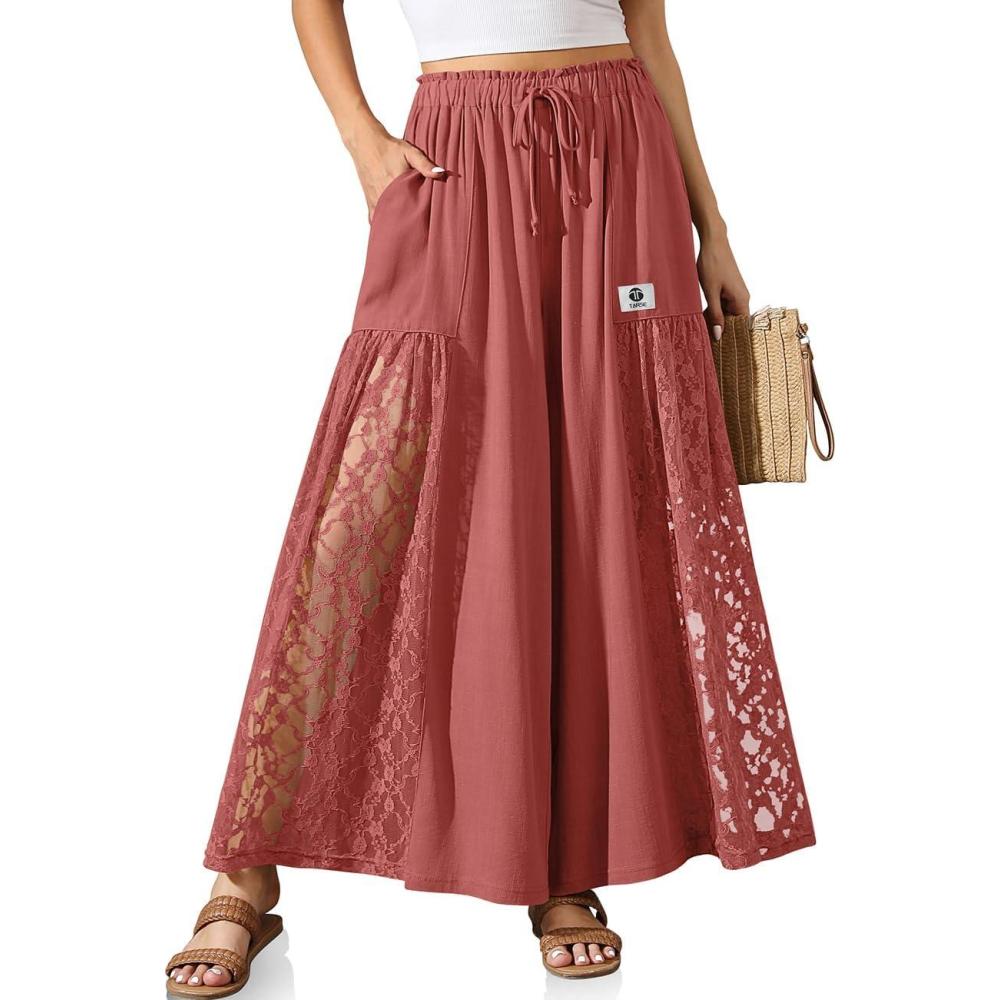 image:imageTARSE Women Linen Wide Leg Pants Lace Patchwork Boho Loose Elastic Waist Palazzo Pants Summer Beach Trousers with PocketsRust Red