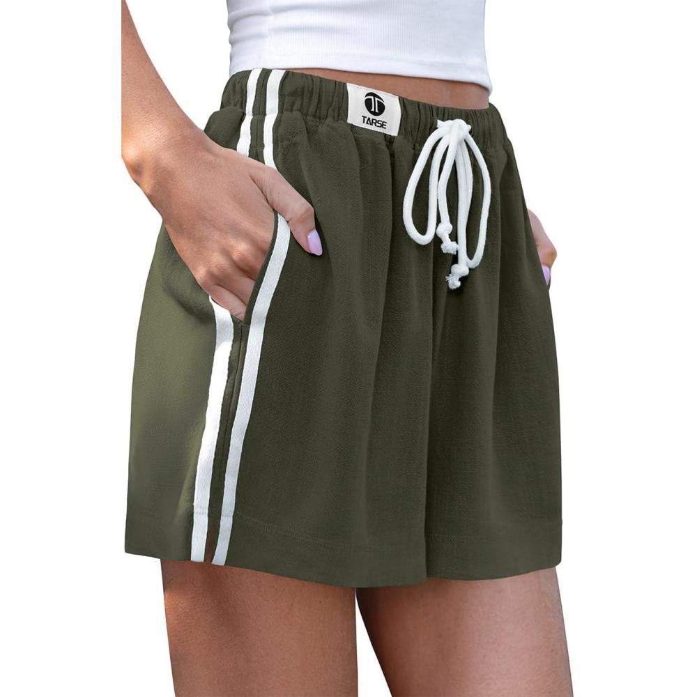 image:imageTARSE Womens Casual Shorts Linen Lounge Loose Fit Boxer Shorts Elastic Waist Summer Beach BottomsArmy Green