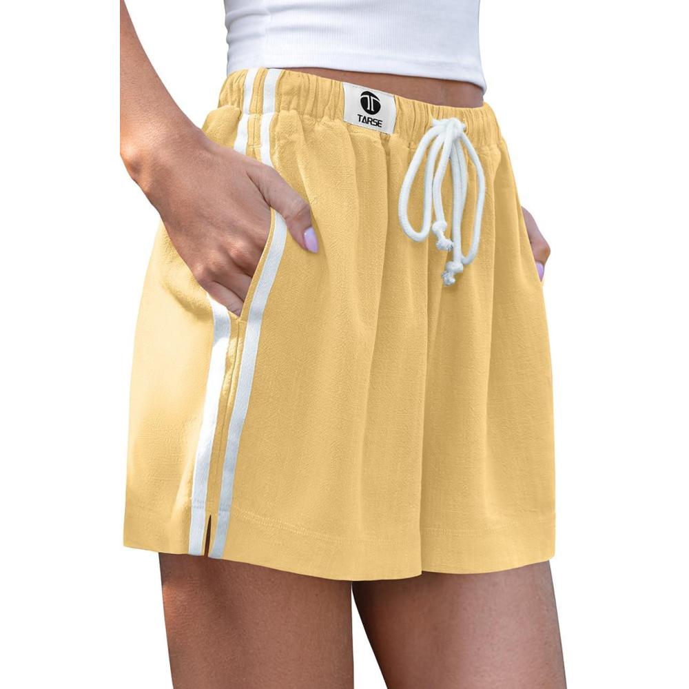 image:imageTARSE Womens Casual Shorts Linen Lounge Loose Fit Boxer Shorts Elastic Waist Summer Beach BottomsRust Yellow