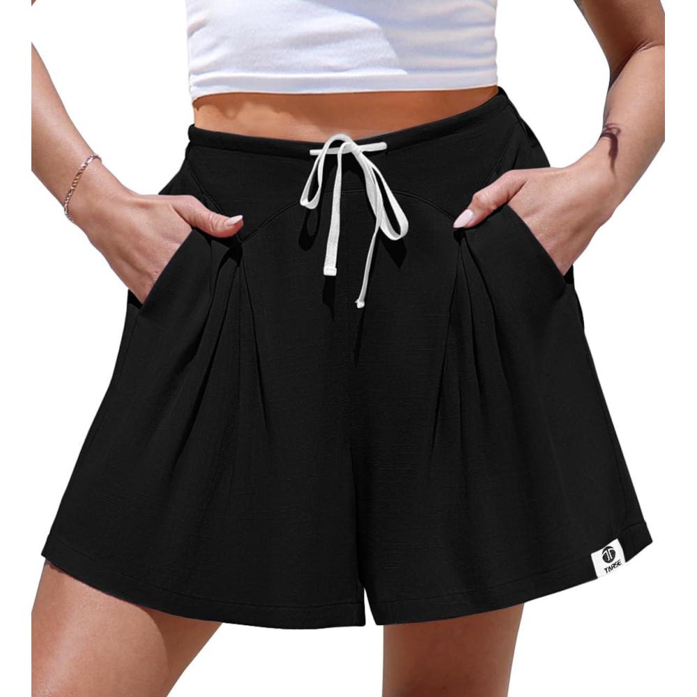 image:imageTARSE Womens Linen Casual Shorts Loose Fit Elastic Waist Drawstring Summer Lounge Shorts with PocketsBlack